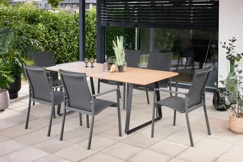 Primaster Garten-Essgruppe Rovigo + Fano für 6 Personen - Elegante Garten-Essgruppe aus leichtem Aluminium in hellbraun und anthrazit. Perfekt für gesellige Abende im Freien und robust für den täglichen Einsatz.