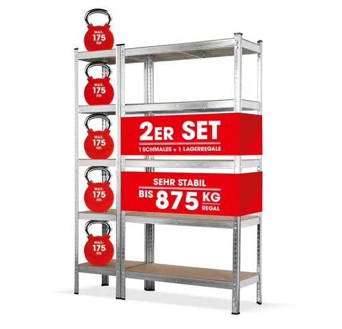 EASYmaxx Schwerlastregal & Werkbank 2er-Set - Praktisches 2-in-1 Schwerlastregal mit Werkbank-Funktion, GS geprüft und mit 5 stabilen Holzböden für bis zu 175 kg Tragkraft – ideal für Keller, Garage und Hobbywerkstatt.