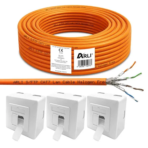 ARLI Cat7 Verlegekabel 50 m S/FTP mit 3x Cat6a Netzwerkdose - Netzwerkkabel für feste Installationen, unterstützt 10 Gbit/s, halogenfrei und vielseitig einsetzbar für private und gewerbliche Nutzung.