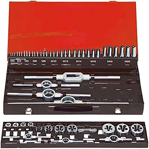 Handgewindebohrer-Set DIN 352 HSS M3-20 - Zubehör für Elektrowerkzeug, ideal zum Schneiden metrischer Innen- und Außengewinde in Metall, inklusive stabiler Koffer mit Tragegriffen für einfache Handhabung.