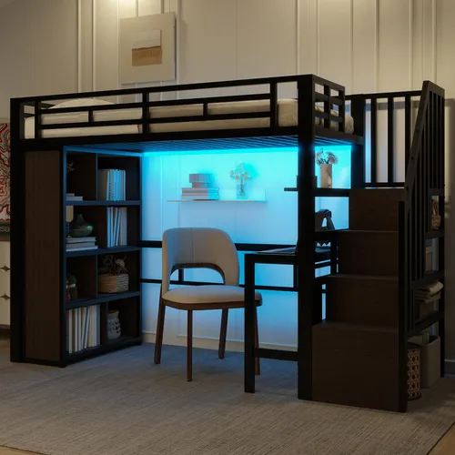 Flieks Etagenbett 90x200cm mit Schreibtisch und Regal, Hochbett Metallbett mit Led, Kinderbett mit Lattenrost und Rausfallschutz, Jugendbett Schwarz