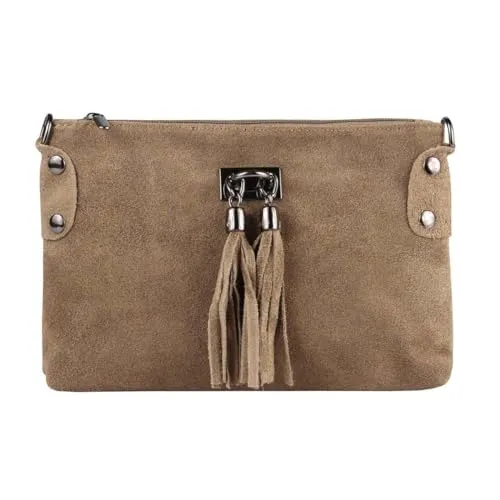 ITALYSHOP24 Damen Wildleder Clutch Tasche mit Fransen - Elegante Clutch aus italienischem Wildleder mit fransigen Details und verstellbarem Schultergurt. Perfekt für jeden Anlass, ob Abendveranstaltung oder Stadtbummel. Maße: 24x16 cm.