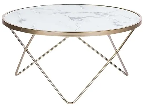 Designer Couchtisch rund Marmor/Gold Meridian - Kaffeetisch in elegantem Marmor-Design, robustes Sicherheitsglas und stabiles goldfarbenes Metallgestell für stilvolle Akzente in jedem Wohnraum.