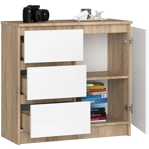 BDW - Kommode mit 3 Schubladen und 1 Tür - 80 cm breit, 77 cm hoch - Schrank, Sideboard, Mehrzweck-, Schuhschrank, Schubladenkommode, Aktenschrank - Wohn-, Schlafzimmer, Flur - Eiche Sonoma/Weiss