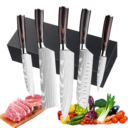 Dfito Küchenmesser Set, 5 teilig Messerset, Rostfreier Edelstahl Japanisches Scharf Messer Set mit Ergonomischen Griffe, Geeignet für Profiköche und Anfänger Gleichermaßen Kochmesser Set