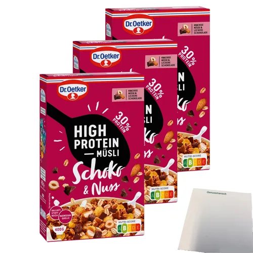 Produktbild Dr. Oetker High Protein Müsli Schoko & Nuss 3er Pack 3x400g Packung usy Block