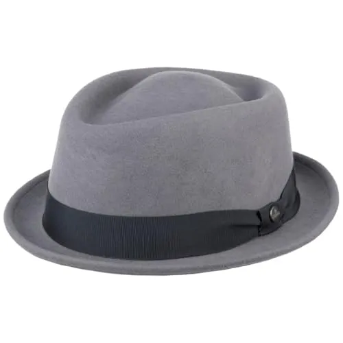 LIERYS Classic Porkpie Wollfilzhut Damen Herren Made in Italy Wasserabweisend Packable Musikerhut Sommer Winter grau S (54-55 cm)
