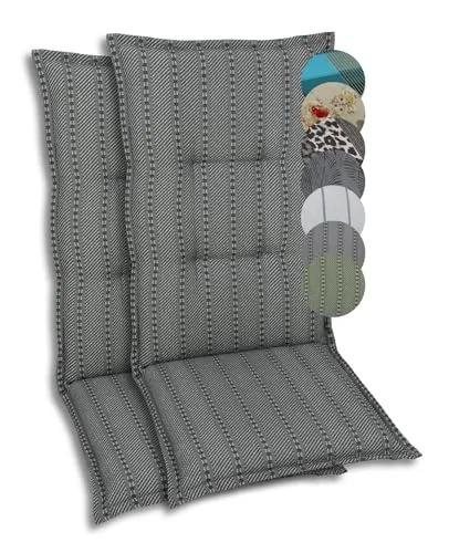 GO-DE Textil Bequeme und attraktive Polsterauflagen für Hochlehner-Gartenstühle (2er-Set, Streifen Anthrazit, Hochlehner)