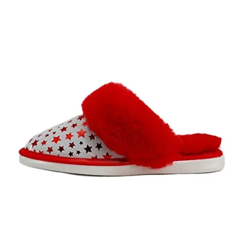 Hollert Damen Lammfell Hausschuhe LAURA Rot/Weiß Pantoffeln Puschen warme Schuhe echt Merino Schaffell & Veloursleder Schuhgröße EUR 42