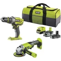 ONE+ Akku Schlagbohrschrauber- und Winkelschleifer-Set R18PDAG-242S - Akkuschrauber-Set mit 18Volt Li-Ionen Akkus (2,0Ah + 4,0Ah) in praktischer Werkzeugtasche, ideal für vielseitige Anwendungen wie Schrauben, Bohren und Schneiden.
