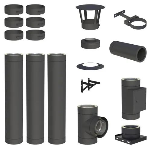 3,8 m Edelstahlschornstein Ø 130 mm Komplettset doppelwandig DW-Black - Robustes 3,8 m Komplettset für doppelwandige Wandmontage. Aus 0,5 mm Edelstahl gefertigt, mit einfacher Steckverbindung für schnellen Aufbau. Ideal für verschiedene Feuerstätten und hohe Temperaturen.