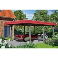 Einzelcarport SKAN HOLZ Wendland mit roter Blende - Hochwertiger Carport aus Holz mit Flachdach, inklusive Pfostenanker und EPDM Folie für optimale Witterungsbeständigkeit – ideal für Ihren Garten.