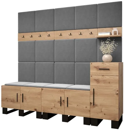 ABIKS MÖBEL Garderoben-Set ARTIN – Stilvolle Garderobe mit gepolsterten Paneelen - Moderne Garderobe im industriellen Design mit gepolsterten Paneelen und viel Stauraum. Die schallabsorbierenden Paneele schützen Ihre Wände und sorgen für einen eleganten 3D-Effekt. Ideal für jeden Flur!