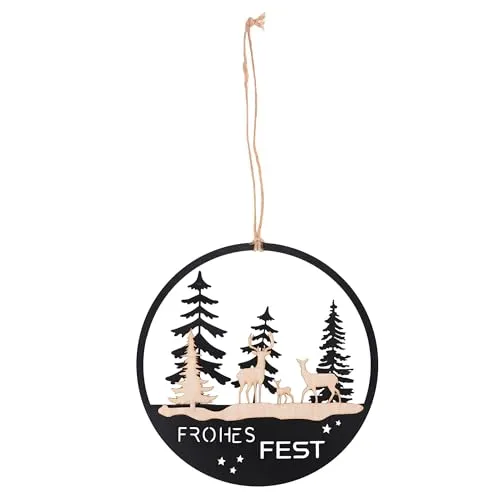UNUS Weihnachtsdeko Aufhänger rund ca. 25 cm festlicher Dekoanhänger mit Frohes Fest, Waldmotiv, Hirschen und Tannen Metall-Holz-Mix zum Aufhängen für Fenster oder Tür