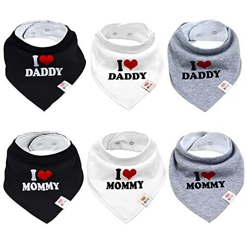 M.M.C. Baby I Love Mommy und Daddy Dreieckstücher 6 Stück Halstuch aus Baumwolle Spucktuch Lätzchen für Kleinkinder Jungen und Mädchen (Set Unisex)