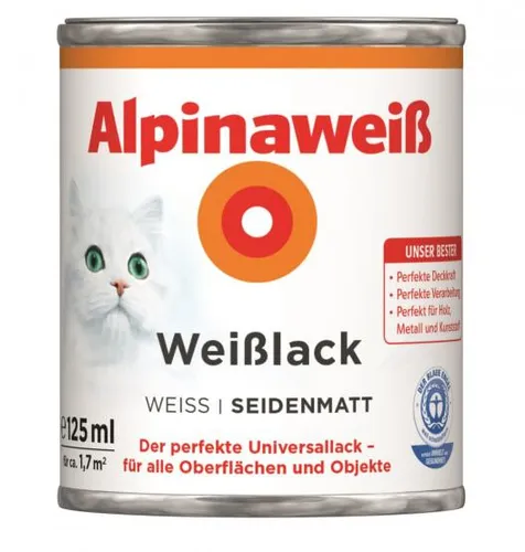 Alpinaweiß Weißlack – Seidenmatt Universallack 125 ml - Vielseitiger Lack für Innen- und Außenbereich, hochdeckend, schnelltrocknend und ideal für perfekte Anstriche auf Holz, Metall und mehr.