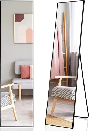 GOPLUS Wandspiegel, 160 x 40 cm Ganzkörperspiegel mit Metallrahmen, rutschfeste Matte, Standspiegel für Schlafzimmer, Eingangsbereich & Bekleidungsgeschäft (Schwarz)