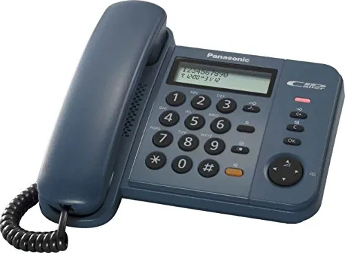 Panasonic Telefon KX-TS580GC, schnurgebunden in dunkelblau - Festnetztelefon für Zuhause oder Kleinbetriebe, mit 2-zeiligem Display, Freisprechfunktion und bis zu 50 Adressbucheinträgen für einfachen Zugriff.
