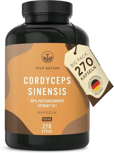 Cordyceps Kapseln hochdosiert - 270 Stück - Vegan & Deutsche Produktion - Pflanzliches Ergänzungsmittel Pilze mit 40% bioaktiven Polysacchariden in einem kraftvollen 10:1 Extrakt. Ideal für 3 Monate tägliche Einnahme und besonders bei veganen Sportlern beliebt.