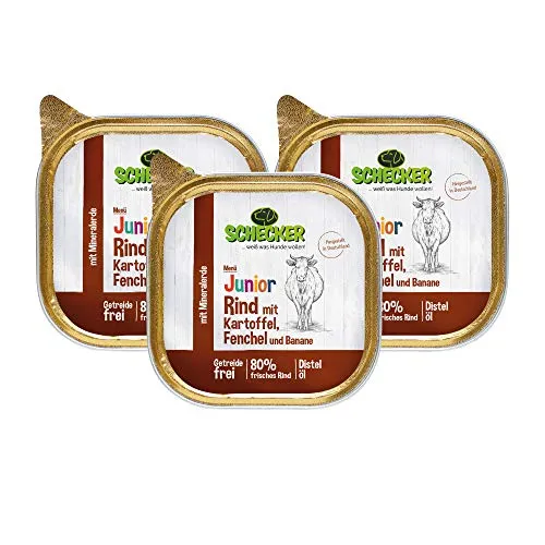 Schecker Nassfutter - Hundemenü Junior Rind mit Kartoffel, Fenchel und Banane - 3 x 200g - Welpenfutter - 80% frisches Rind