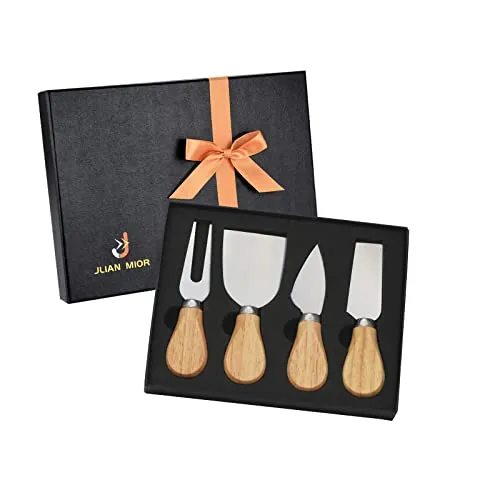 JLIAN MIOR Exquisites 4-teiliges Käsemesser Set, komplette Käsemesser-Kollektion aus Edelstahl (Griff aus Eichenholz), fertig zum Verschenken