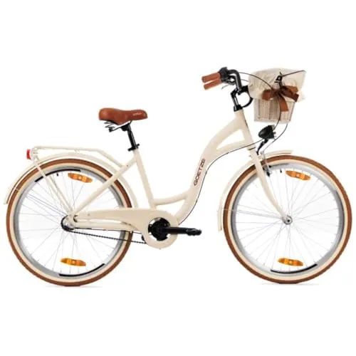 Goetze Style 26 Zoll Jugend Citybike, 17 Zoll Tiefeinsteiger Aluminiumrahmen, 3-Gang Nabenschaltung, Rücktrittbremse, V-Bremse vorne, LED-Beleuchtung, Rattankorb, Komfortsattel, mit Ständer & Klingel