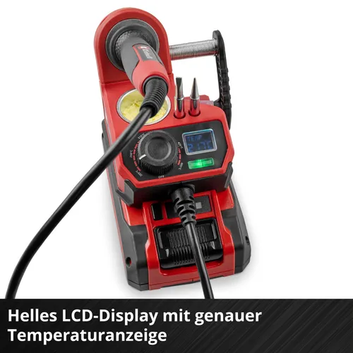Einhell Akku-Lötkolben TE-SI 18/480 Li E - Solo Power X-Change - Mobiler Akku-Lötkolben mit LCD-Display für präzises Weichlöten. Temperatur einstellbar von 200 °C bis 480 °C. Inklusive 2x Punktspitzen, 1x Flachspitze und Lötzinn.