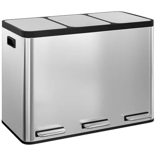 STEELSØN Epsilon Mülleimer 3 Fächer – Mülltrennsystem Küche 3x15L aus Edelstahl Silber – Tretmülleimer mit Soft-Close-Deckel – Abfalleimer mit herausnehmbaren Inneneimern für Recycling & Restmüll