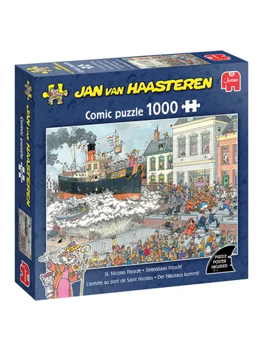 Jan van Haasteren Puzzle: Der Nikolaus kommt, 1000 Teile - Standard-Puzzle mit 1000 Teilen, zeigt ein humorvolles Chaos beim Ankommen des Nikolaus. Größe des Puzzles: 68x49 cm, ideal für Puzzleliebhaber und Sammler.