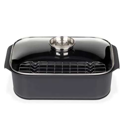 GSW Rechteckbräter Gourmet mit Aroma-Glasdeckel - Pfanne ideal zum Braten, Schmoren und Dünsten. Die PFAS-freie Antihaftbeschichtung ermöglicht fettfreies Kochen und ist für alle Herdarten, einschließlich Induktion, geeignet.