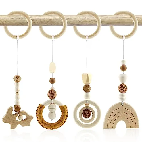 BINYI Spielbogen Baby Spielzeug ab 0 Monate Spielbögen Baby Gym Anhänger Holz 4 Stück Spielebogen Babies Toys für Mädchen Jungen Babyspielzeug für Babyschale Kinderwagen Autositz Spielzeug (Braun)