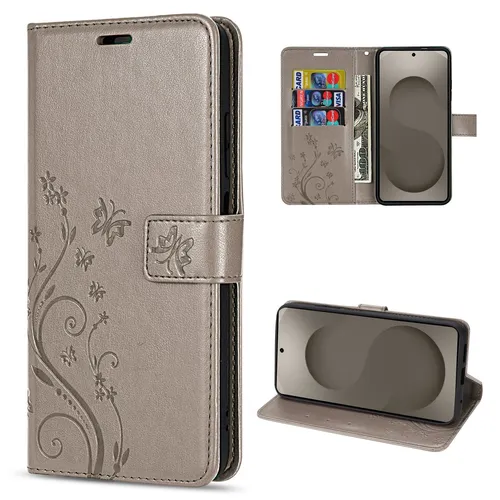 Hülle für Samsung Galaxy S26 Ultra Handyhülle Case mit Kartenfächern Blume Grau