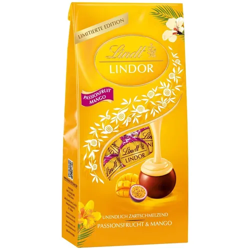 Lindt Lindor Kugeln Vollmilch Passionsfrucht Mango 137g - Genießen Sie die feine Vollmilchschokolade mit dem einzigartigen Geschmack von Passionsfrucht und Mango. Ideal für den Sommer und perfekt zum Teilen oder selbst genießen.