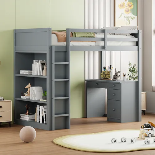 Flieks Etagenbett 90x200 mit Schreibtisch und Bücherregal – Praktisches Hochbett in Grau - Das Flieks Etagenbett vereint Schlaf- und Arbeitsbereich. Mit integriertem Schreibtisch und Bücherregal bietet es praktische Stauraumlösungen für kleine Räume. Hergestellt aus robustem Kiefernholz und MDF.