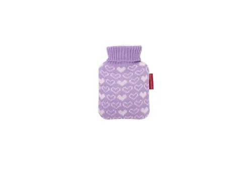 Hugo Frosch Wärmflasche - Mini-Wärmflasche 0,2 l mit Strickbezug lila Herzen, Made in Germany