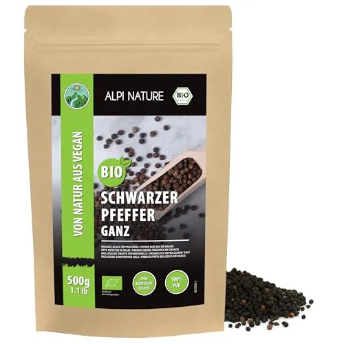 Alpi Nature Schwarzer Pfeffer ganz BIO 500g, Pfeffer schwarz ganz, Pfefferkörner schwarz, schwarze Pfefferkörner bio