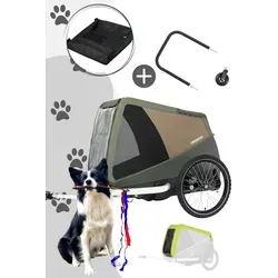 Croozer Dog Mikke Happy Walk Bundle mit Regenverdeck & Buggy-Set - Moss Green - Der Croozer Dog Mikke Fahrradanhänger für Hunde bis 45 kg bietet einen niedrigen Einstieg und herausragenden Komfort dank der Croozer AirPad® Federung. Ideal für alte, kranke Hunde und Welpen – für entspannte Ausflüge!