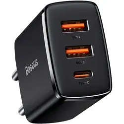 Baseus Kompakt 2U + C | Wandladegerät, Netzadapter, 2X USB-A USB Typ C, 30W, Schnellladung 3.0, Schwarz