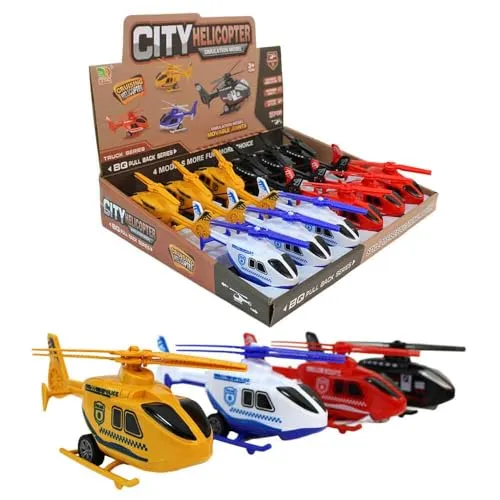 BEMIRO Spielzeug Helikopter City Design, 15 cm, 4 Farben und Motive, Pull Back Funktion, Kunststoff, 12 Stück Display, ab 3 Jahren