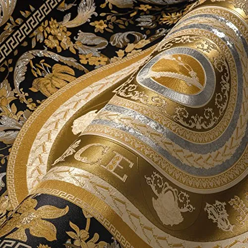 VERSACE WALLPAPER Blumen Tapete Floral 387055 - Designer Vliestapete in Gold, Schwarz und Silber, perfekt für jeden Raum. Hochwertige Qualität, Made in Germany, mit elegantem Glanz und einfachem Rapport für mühelose Verarbeitung.