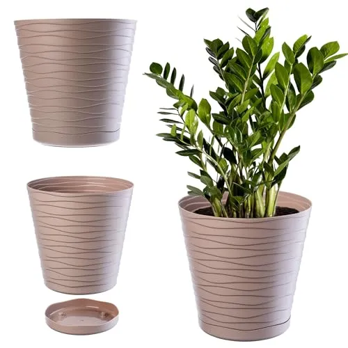 KADAX Blumentopf mit Untersetzer, Pflanzkübel für Innen, Leichter Blumenkübel, Pflanztopf aus hochwertigem Kunststoff, runder Übertopf für Blumen, Pflanzen, Haus, Pflanzgefäß (11cm, Beige)