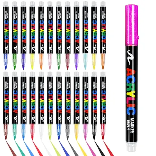 UHETLET 24 Farben Acrylstifte Keramik Bemalen set Porzellanstifte Spülmaschinenfest Keramikstifte Glasmalstifte Glasstifte Pinselstift Wasserfester Keramik stifte Bemalen für Glas Stein Tassen