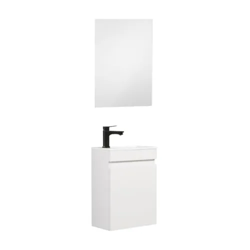Produktbild Kometmöbel Gäste-WC Waschtisch Set 40 cm Vormontiert Klein Waschbecken mit Unterschrank (Hochglanz Weiß 40cm, Mit Spiegel)