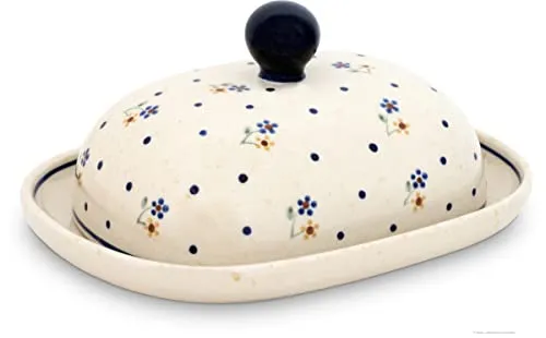 Bunzlauer Butterdose oval für 250g Butter im Dekor 111 - Traditionelle Butterdose für 250g, handverziert mit Schwämmeltechnik – schützt vor Temperaturschwankungen und hält die Butter hygienisch frisch.