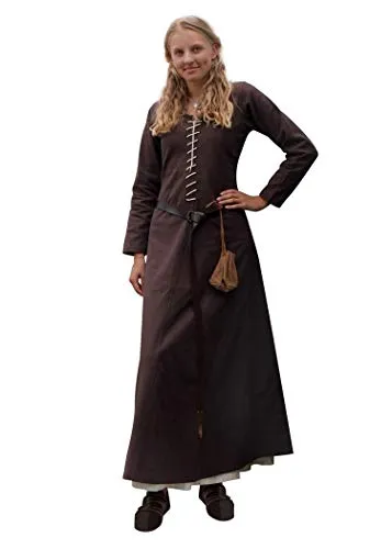 Battle-Merchant Mittelalter Kleid mit Schnürung für Damen Cotehardie AVA - Langarm - Baumwolle - Mittelalterkleid - Wikinger - LARP - Kostüm, Braun, Gr. XXL