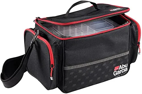 Abu Garcia Shoulder Bag, Schwarz, Grau, Rot - Angeltaschen mit 3 Tackleboxen, verstellbarem Schultergurt und wasserdichtem Boden – ideal für Angler, die ihre Ausrüstung sicher und organisiert transportieren möchten.