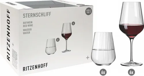 RITZENHOFF 6111009 Rotwein- und Wasserglas Set - Wassergläser Set mit 12 stilvollen Gläsern, Made in Germany, spülmaschinengeeignet und mit elegantem Sternschliff-Design für ein lebendiges Lichtspiel.