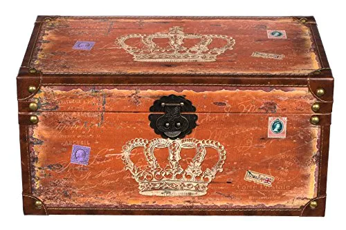 Truhe Kiste SJ14307 Krone Königin England - Vintage Holztruhe im kolonialen Stil mit Kunstlederbezug, ideal zur stilvollen Aufbewahrung von Schätzen und Erinnerungen. Größe L 49cm x 28cm x 25cm.