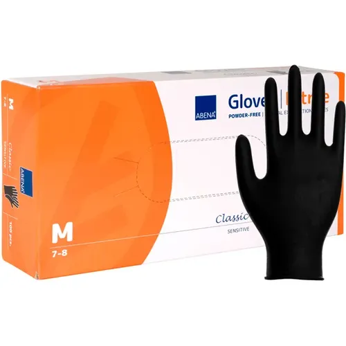Nitrilhandschuhe Abena Classic Sensitive black M Gr. 8 - Puderfrei, 100 Stück Box für reißfeste Sicherheit bei Reinigungs- und Pflegeaufgaben