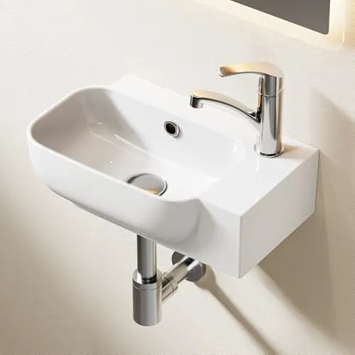 HOROW Klein Waschbecken 40 × 25cm Keramik Aufsatzwaschbecken mit Hahnloch & Überlauf, Waschschalen DIN-Norm, hart kratzfest - Einfache Wandmontage & Aufsatzmontage, für Gäste-WC, Modernes Bad